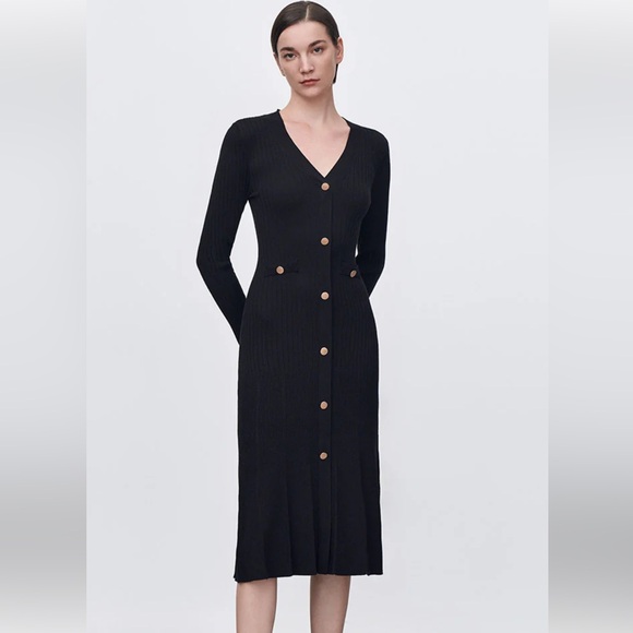 Elegant Black Long Sleeve Sweater Dress with Gold Buttons - Picture 3 of 9
